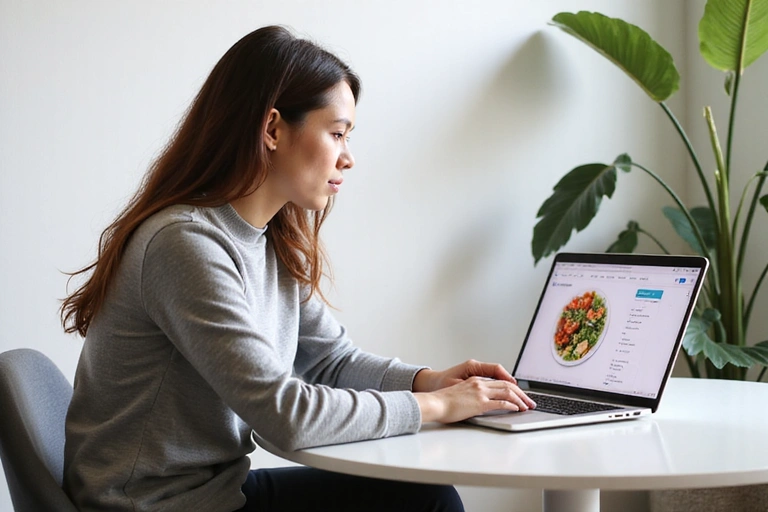 Nő laptopon követi az étrendjét, egy kontroll konzultáció szimbóluma