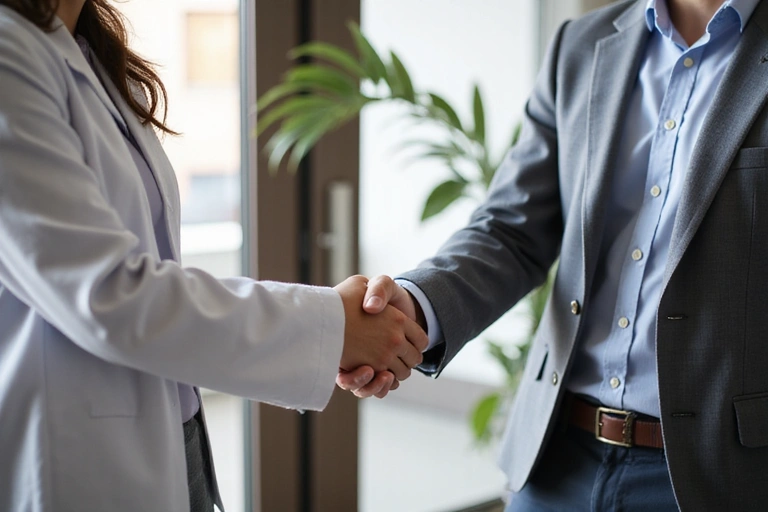 Nutricionista és ügyfél közötti kézfogás, bizalmat és professzionalizmust sugározva, modern irodai környezetben.